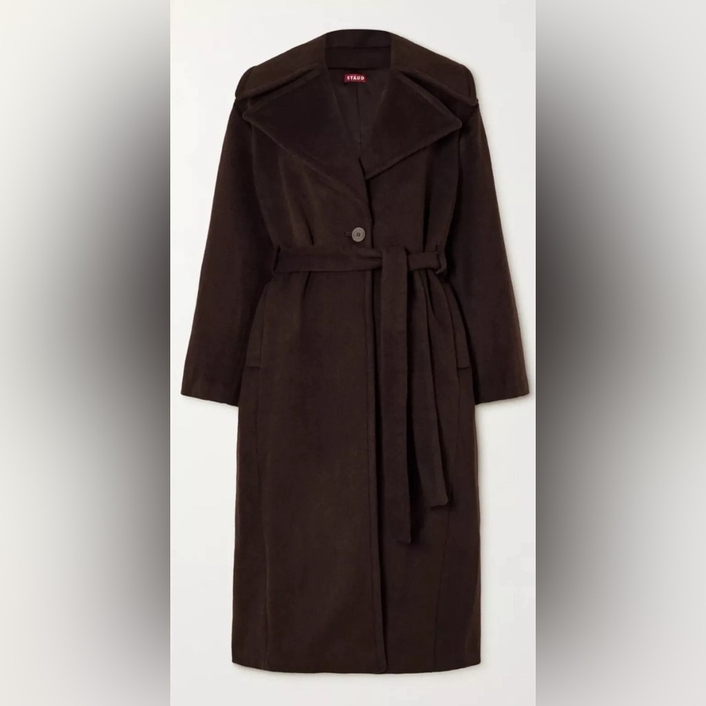 Staud-brown carver scarf detail wool blend coat
